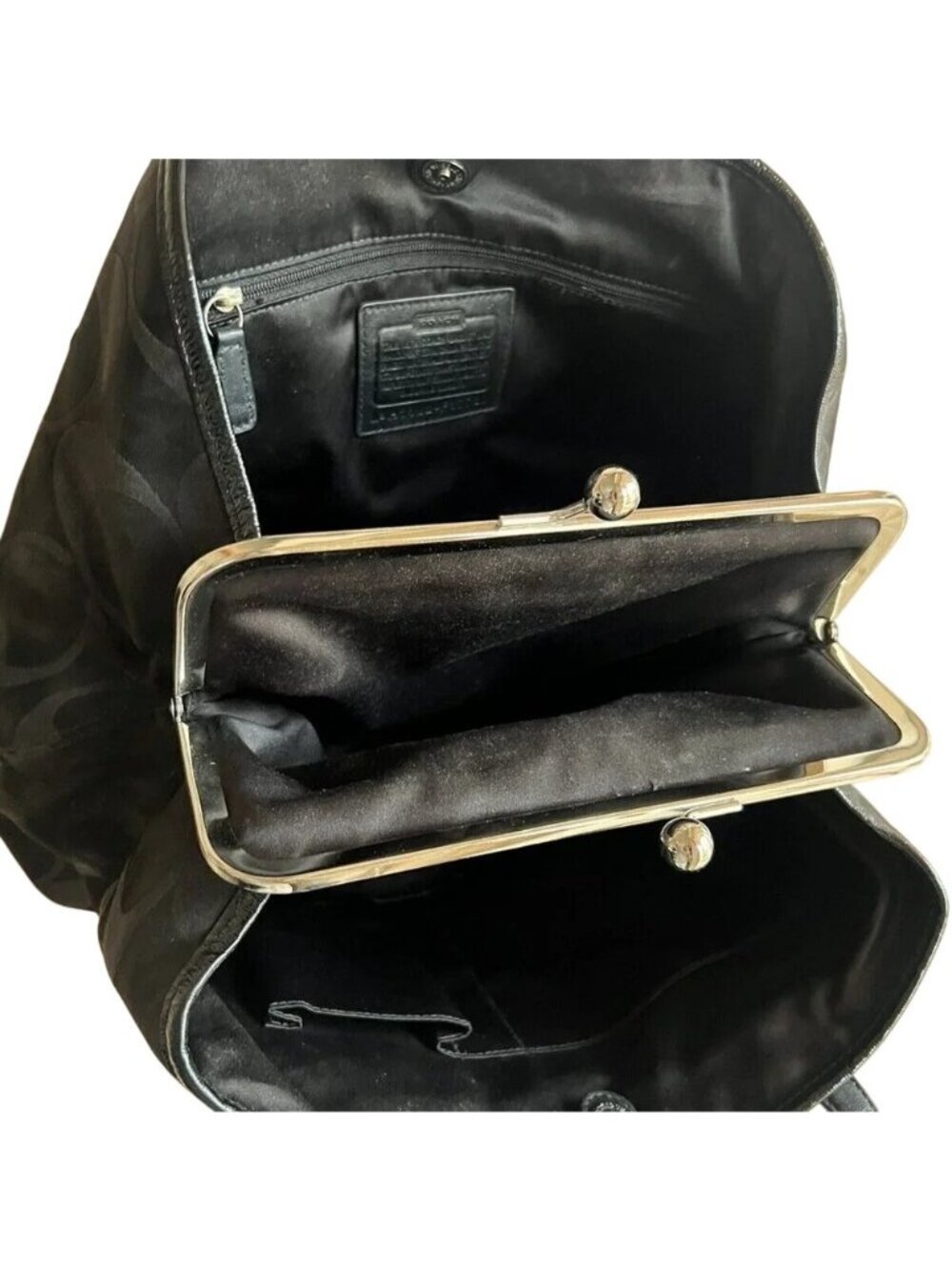 Coach 2011 black canvas & leather floral applique framed kisslock satchel tote - Picture 5 of 9